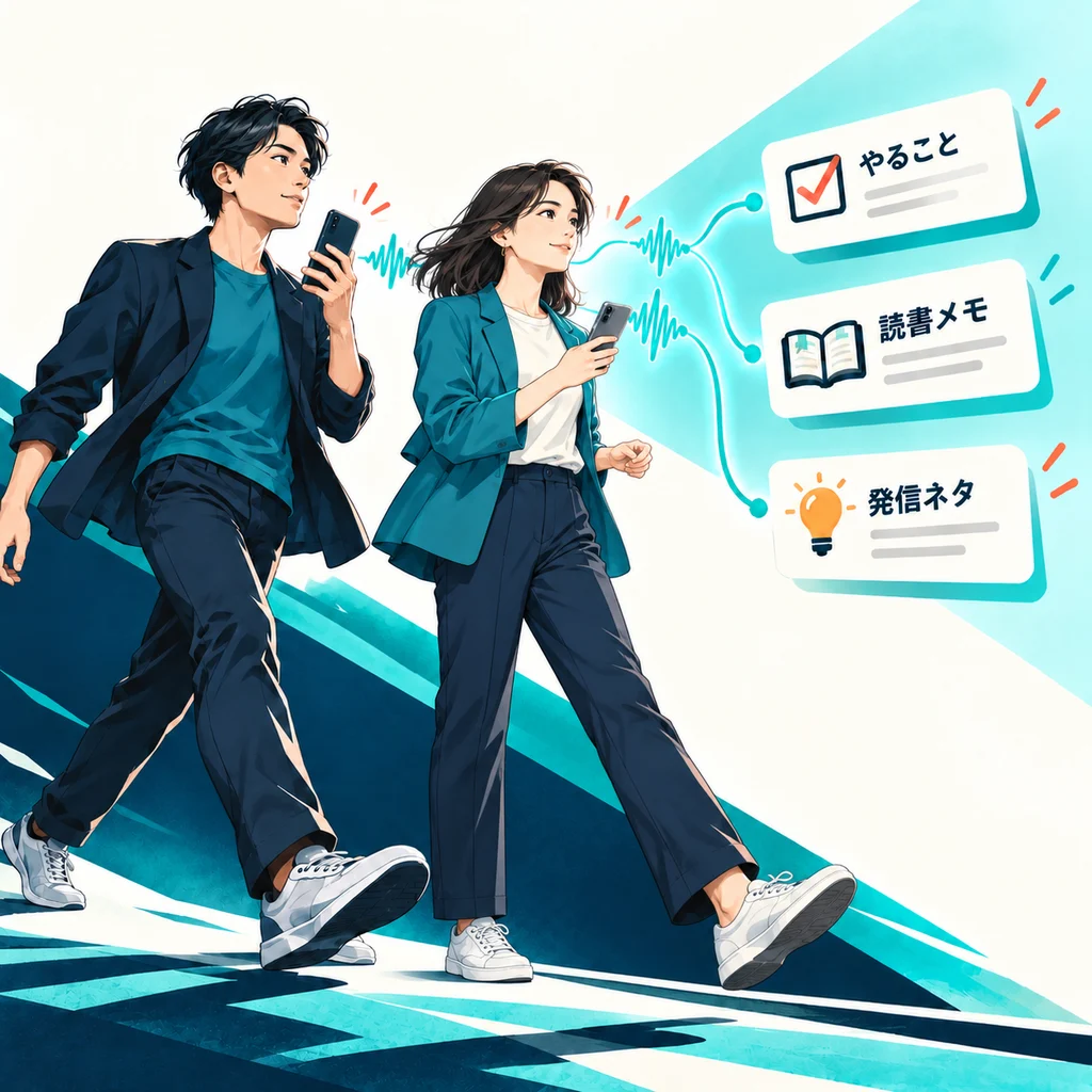 前を見据えて踏み出す男女と、声のメモがやること・読書メモ・発信ネタに整理されるイラスト